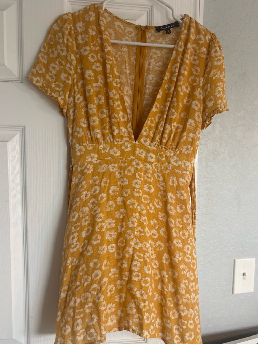 Lulu's Mustard Yellow Floral V-Neck Mini Dress
